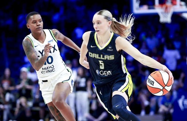 May 16, 2025; Arlington, Texas, USA;  Dallas Wings guard Paige Bueckers (5) dribbles as Minnesota Lynx guard Courtney Williams (10) defends during the second half at College Park Center. Mandatory Credit: Kevin Jairaj-Imagn Images