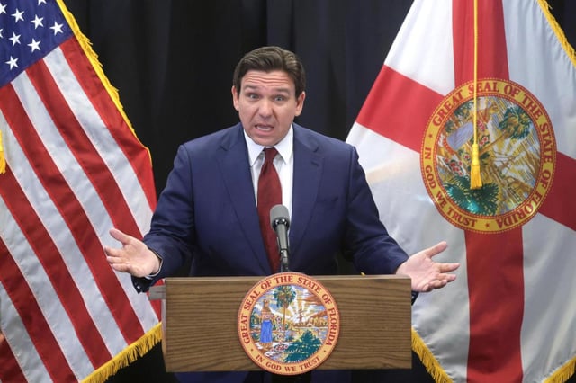 Florida Gov. Ron DeSantis delivers remarks during a news conference in Lake Buena Vista, Fla., Feb. 22, 2024.