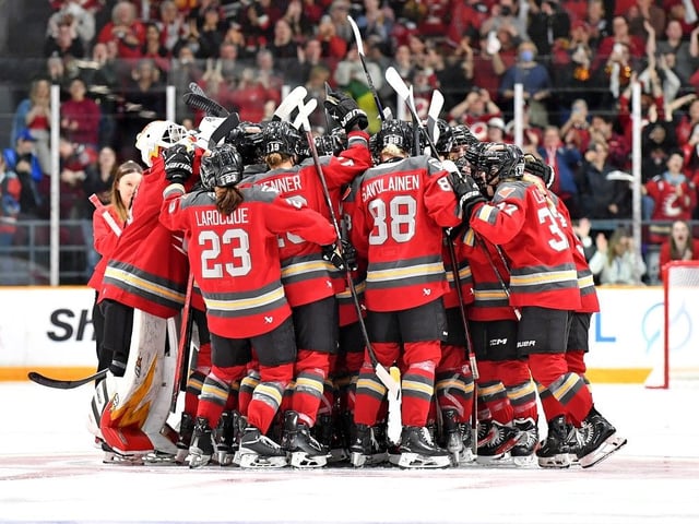  Jocelyne Larocque celebrates with Ottawa Charge teammates after a 2-1 overtime win over the Minnesota Frost in Game 1 of the PWHL Finals on Tuesday night.
