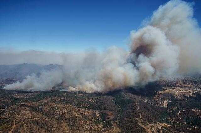A forest fire burns in Valparaíso, Chile, in February 2024. Image courtesy of the Gobierno de Chile via Wikimedia Commons (CC BY 3.0 CL)