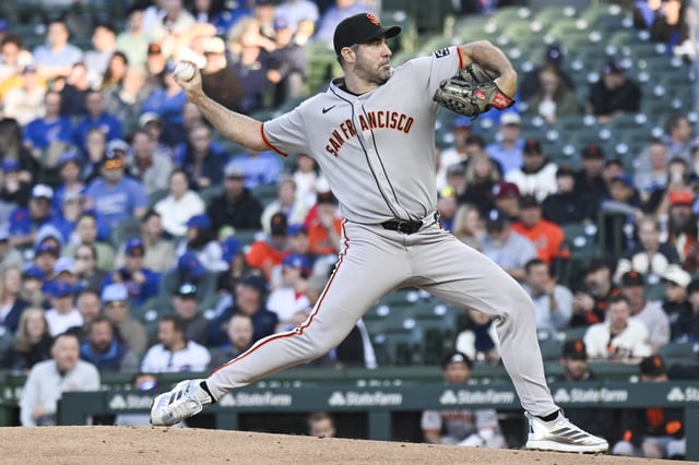 May 6, 2025; Chicago, Illinois, USA;  San Francisco Giants pitcher Justin Verlander (35) delivers against the Chicago Cubs during the first inning at Wrigley Field. Mandatory Credit: Matt Marton-Imagn Images