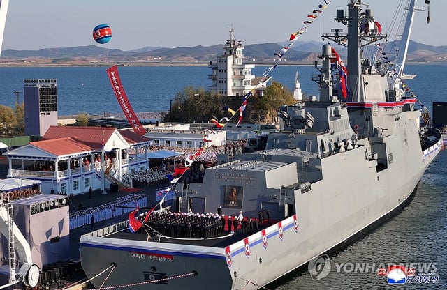 This file photo, released by North Korea's state-run Korean Central News Agency, shows Pyongyang's new navy destroyer unveiled at a launching ceremony held at a shipyard in the North's western port city of Nampho on April 25, 2025. (For Use Only in the Republic of Korea. No Redistribution) (Yonhap)