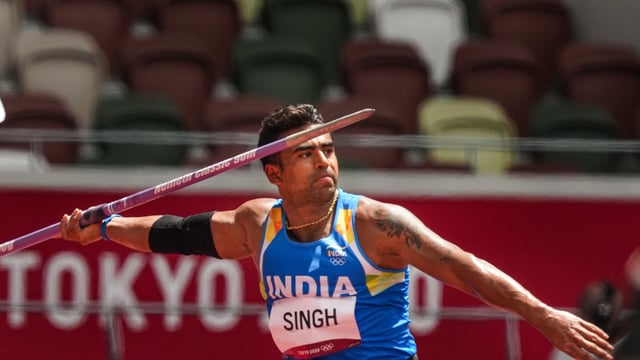 India's Shivpal Singh competes in the qualification round of men's javelin throw event at the 2020 Summer Olympics.