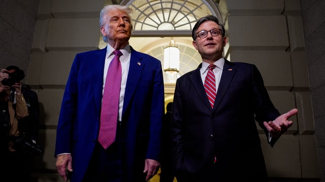 WASHINGTON, DC – MAY 20: Speaker of the House Mike Johnson (R-LA) (R), accompanied by U.S. President Donald Trump, speaks to members of the media as they depart a House Republican meeting at the U.S. Capitol on May 20, 2025 in Washington, DC. Trump joined conservative House lawmakers to help push through their budget bill after it advanced through the House Budget Committee on Sunday evening. (Photo by Andrew Harnik/Getty Images)