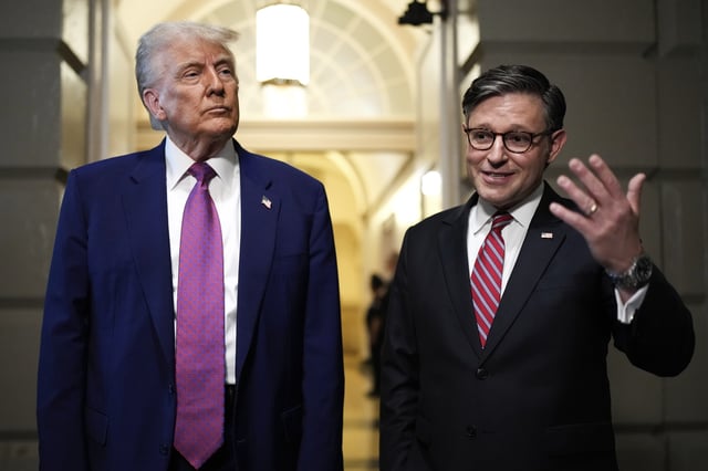 President Donald Trump and Speaker of the House Mike Johnson, R-La., speak to reporters after departing a House Republican conference meeting, Tuesday, May 20, 2025, at the U.S. Capitol in Washington. (AP Photo/Julia Demaree Nikhinson)
