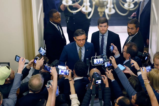 Speaker of the House Mike Johnson speaks to reporters as he departs for the White House as ongoing negotiations between House leadership, the White House and the House Freedom Caucus on the "One, Big, Beautiful Bill" continue at the US Capitol Building on May 21, 2025