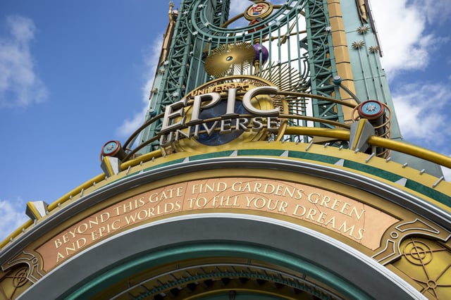 The entrance portal welcomes guests into Orlando’s newest theme park during a preview day for Universal Epic Universe on April 5. (Patrick Connolly/Orlando Sentinel/Tribune News Service via Getty Images)