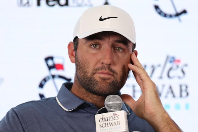 Scottie Scheffler of the United States answers questions from media after a practice round prior to the Charles Schwab Challenge 2025 at Colonial Country Club on May 21, 2025 in Fort Worth, Texas.