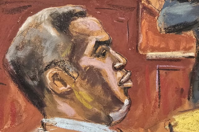 Sean "Diddy" Combs watches as Homeland Security Investigations Special Agent Gerard Gannon shows a firearm, recovered during a search in Miami, to jury members at Combs' sex trafficking trial in New York City, New York, U.S., May 21, 2025 in this courtroom sketch.
