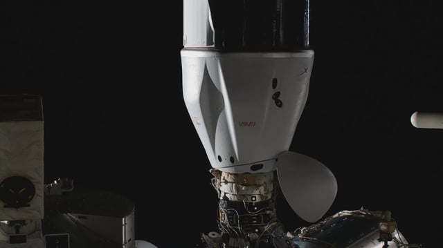The SpaceX Dragon cargo spacecraft, on NASA’s 30th Commercial Resupply Services mission, is pictured docked to the space-facing port on the International Space Station’s Harmony module on March 23, 2024.