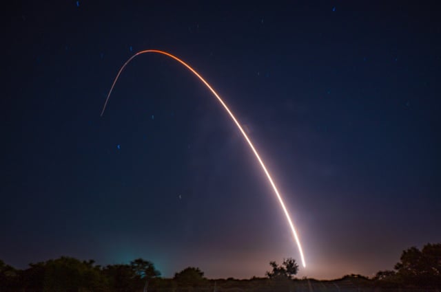 An unarmed United States Minuteman III intercontinental ballistic missile launches at Vandenberg Space Force Base in California on May 21, 2025.