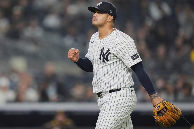 New York Yankees pitcher Fernando Cruz celebrates after striking out San Diego Padres&#39; Manny Machado during the seventh inning of a baseball game Tuesday, May 6, 2025, in New York. (AP Photo/Frank Franklin II)