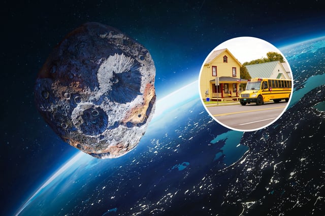 Stock image: An asteroid approaching the Earth, with an inset image showing a school bus in front of a house.