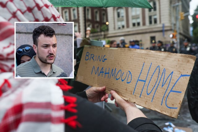People protesting in support of Palestinians hold a sign for Mahmoud Khalil (inset) across the street from the main gates of Columbia University, Wednesday, May 21, 2025, in New York.