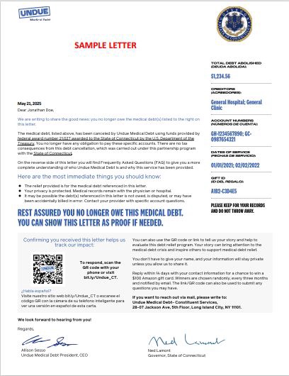 A sample letter from Undue Medical Debt and the state of Connecticut. (portal.ct.gov/)