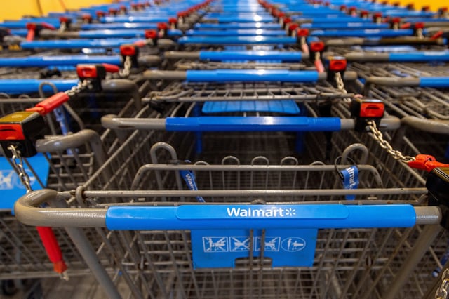 Shopping carts are lined up inside a Walmart store in Hamilton, Ontario, Canada, January 28, 2025. REUTERS/Carlos Osorio/File Photo