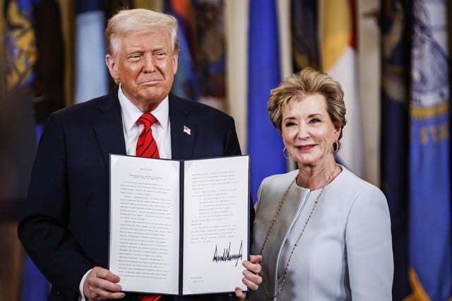 President Donald Trump holds the executive order to dismantle the Department of Education he just signed with Education Secretary Linda McMahon during an event in the East Room of the White House in Washington, D.C. on March 20, 2025.