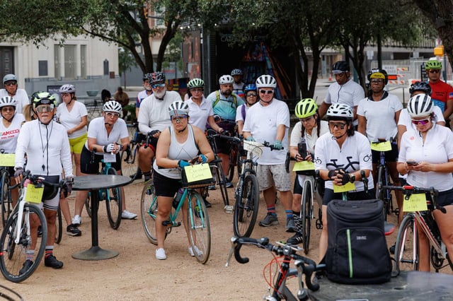 San Antonio cyclists gather downtown at Main Plaza on Wednesday evening during the annual Ride of Silence. They rode nearly 10 miles near downtown San Antonio in a commemorative procession to honor cyclists killed or injured on public roads.