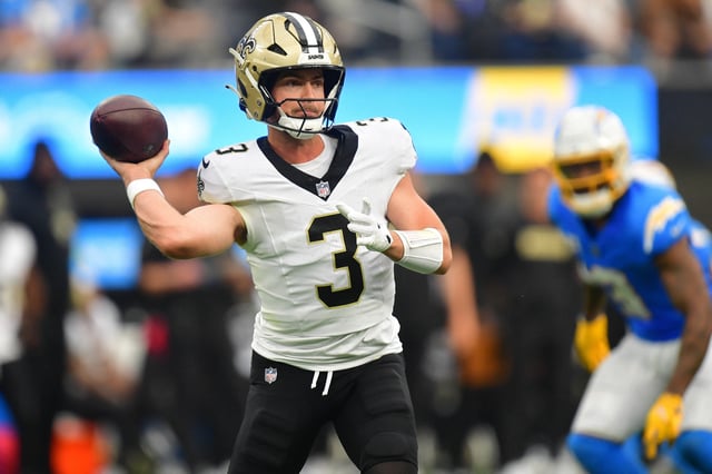 Oct 27, 2024; Inglewood, California, USA; New Orleans Saints quarterback Jake Haener (3) throws against the Los Angeles Chargers during the second half at SoFi Stadium. Mandatory Credit: Gary A. Vasquez-Imagn Images/File Photo