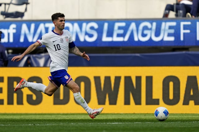 Mar 23, 2025; Inglewood, California, USA; USA forward Christian Pulisic (10) kicks the ball during the first half against Canada during the Concacaf Nations League third place match at SoFi Stadium. Mandatory Credit: Kyle Terada-Imagn Images/File Photo