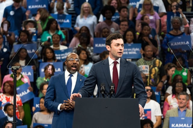U.S. Sen. John Ossoff (D-GA) speaks at a campaign rally for Democratic presidential candidate, Vice President Kamala Harris at the Georgia State Convocation Center on July 30, 2024 in Atlanta, Georgia.