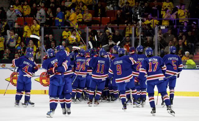 Ice Hockey - IIHF World Junior Championships - Semi Final - United States v Finland - Scandinavium, Gothenburg, Sweden - January 4, 2024 United States players celebrate after winning the match Adam Ihse/TT News Agency via REUTERS