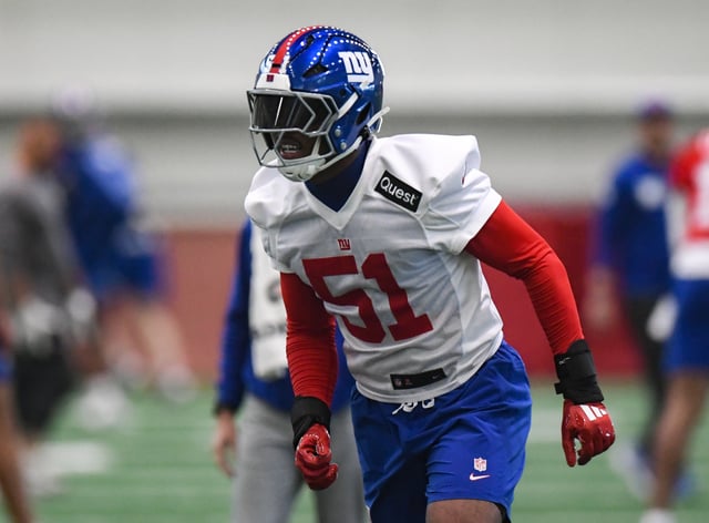 May 9, 2025; East Rutherford, NJ, USA; New York Giants linebacker Abdul Carter (51) participates in a drill during rookie minicamp at Quest Diagnostics Training Center. Mandatory Credit: John Jones-Imagn Images