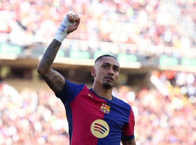 Soccer Football - LaLiga - FC Barcelona v Celta Vigo - Estadi Olimpic Lluis Companys, Barcelona, Spain - April 19, 2025 FC Barcelona's Raphinha celebrates scoring their fourth goal REUTERS/Albert Gea/File Photo