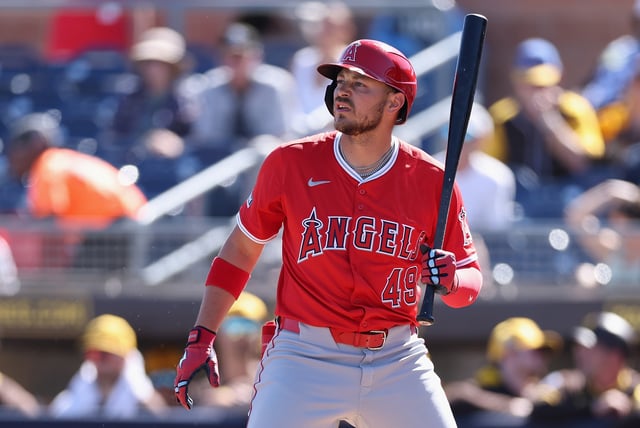 Ryan Noda #49 of the Los Angeles Angels bats against the San Diego Padres during the first inning of MLB game at Peoria Stadium on February 25, 2025 in Peoria, Arizona.