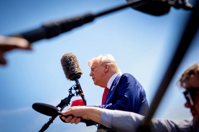 U.S. President Donald Trump speaks to members of the media before boarding Marine One on the South Lawn of the White House on April 29, 2025 in Washington, DC. Trump will travel to Michigan for a 100th Day in Office rally.