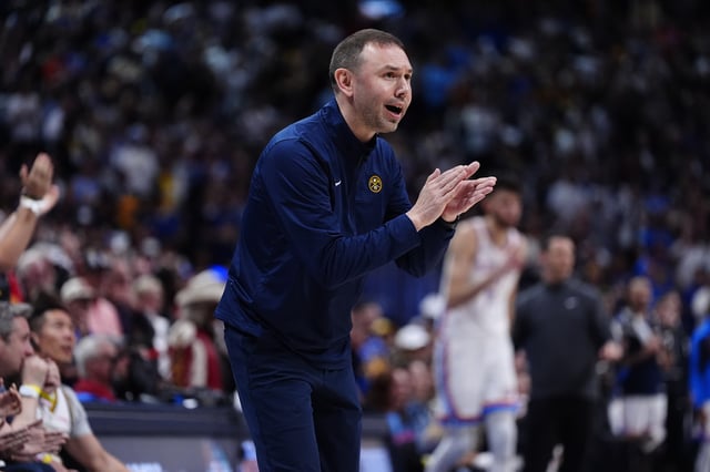 May 9, 2025; Denver, Colorado, USA; David Adelman during the second half against the Oklahoma City Thunder during game three of the second round for the 2025 NBA Playoffs at Ball Arena. Mandatory Credit: Ron Chenoy-Imagn Images