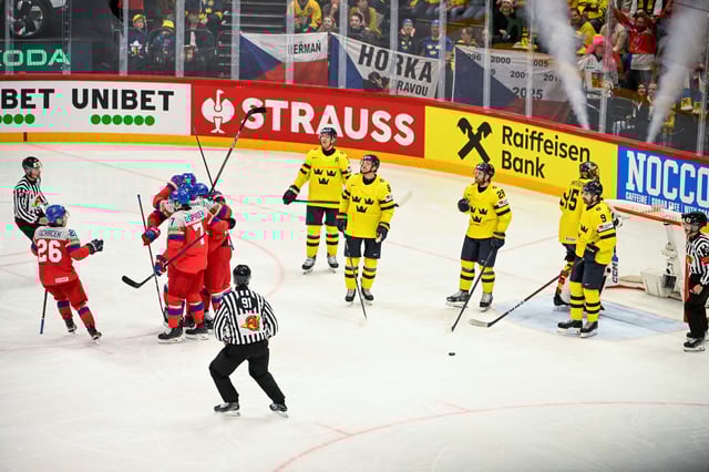 Ice Hockey - IIHF World Championships - Quarter Finals - Sweden v Czech Republic - Avicii Arena, Stockholm, Sweden - May 22, 2025 Czech Republic's Michael Spacek celebrates scoring their second goal with teammates  Fredrik Sandberg/TT News Agency via REUTERS