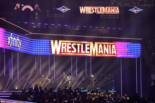 LAS VEGAS, NEVADA - APRIL 20: Digital screens display WrestleMania logos during the Undisputed WWE Championship match between John Cena and Cody Rhodes during WrestleMania 41 at Allegiant Stadium on April 20, 2025 in Las Vegas, Nevada.