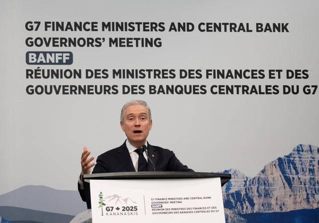 Canadian Finance Minister, Francois-Philippe Champagne attends a press conference during the G7 finance ministers and central bank governors meeting in Banff, Alberta, Canada, May 22, 2025.  REUTERS/Todd Korol