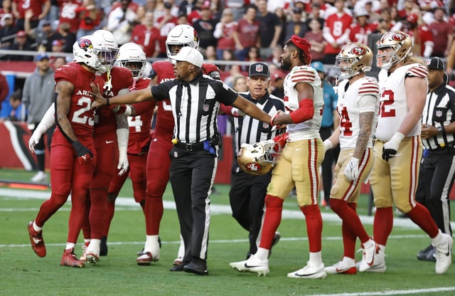 GLENDALE, AZ - JANUARY 5: Sean Murphy-Bunting #23 of the Arizona Cardinals and Jauan Jennings #15 of the San Francisco 49ers are ejected for fighting during the game at State Farm Stadium on January 5, 2025 in Glendale, Arizona.