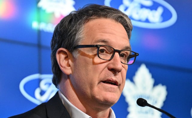 May 21, 2024; Toronto, Ontario, CANADA;  Toronto Maple Leafs president Brendan Shanahan speaks during a media conference to introduce new head coach Craig Berube (not shown) at Ford Performance Centre. Mandatory Credit: Dan Hamilton-USA TODAY Sports