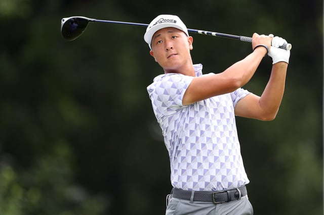 John Pak plays his shot from the 12th tee during the first round of the Charles Schwab Challenge at Colonial Country Club in Fort Worth, Texas.