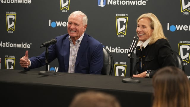 Jun 7, 2024; Columbus, Ohio, USA; Jimmy and Dee Haslam smile as they introduced Issa Tall as their new General Manager at Lower.com Field. Mandatory Credit: Doral Chenoweth-USA TODAY Sports