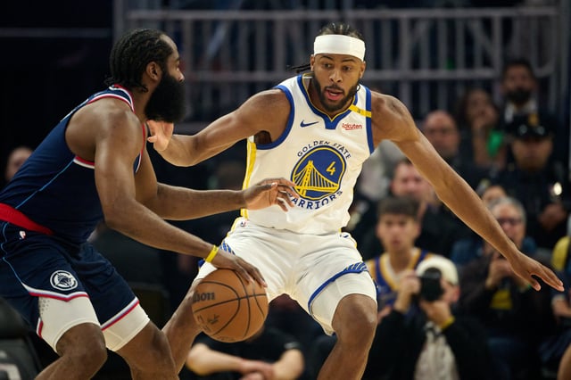 Apr 13, 2025; San Francisco, California, USA; LA Clippers guard James Harden (1) controls the ball against Golden State Warriors guard Moses Moody (4) during the first quarter at Chase Center. Mandatory Credit: Robert Edwards-Imagn Images