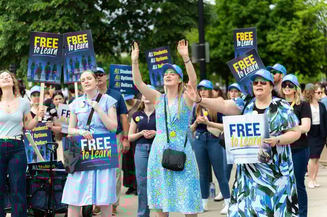 Oklahoma student group Free To Learn stands outside the Supreme Court ahead of oral arguments for a religious charter school case in Washington, DC, on April 30, 2025.