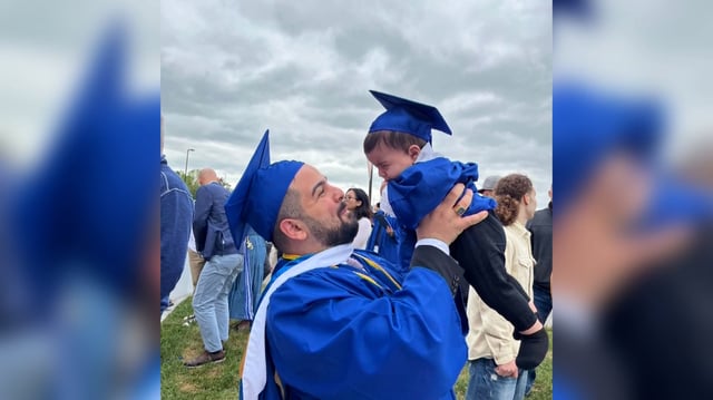 Jean-Paul Al-Arab pictured with his young son. The father has gone viral for carrying his baby across the commencement stage as he received his diploma from University of Buffalo.