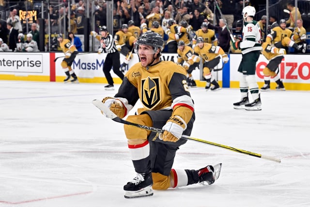 Vegas Golden Knights center Brett Howden (21) reacts after scoring the winning goal during overtime of Game 5 of a first-round NHL hockey playoff series against the Minnesota Wild, Tuesday, April 29, 2025, in Las Vegas.
