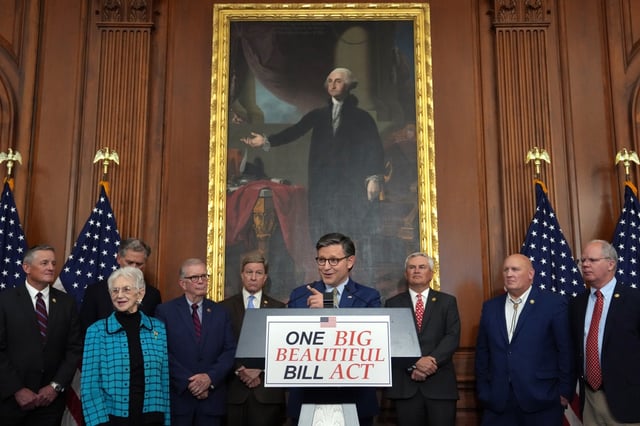 U.S. Speaker of the House Mike Johnson, R-La., talks to the media after the House narrowly passed a bill forwarding President Donald Trump&#39;s agenda at the U.S. Capitol on May 22, 2025, in Washington. The tax and spending legislation, called the &#34;One, Big, Beautiful Bill&#34; Act, redirects money to the military and border security and includes cuts to Medicaid, education and other domestic programs. (Kevin Dietsch/Getty)