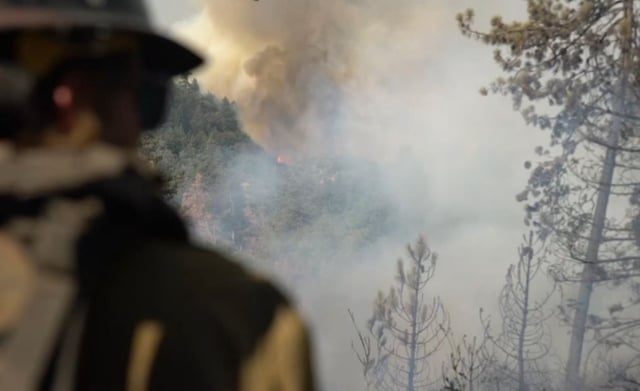 A firefighter looks out on smoke from the Line Fire.
