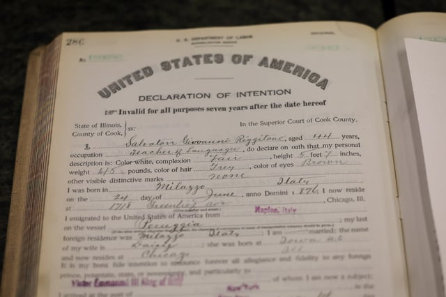 The Declaration of Intention document of Pope Leo XIV’s paternal grandfather, Salvatore Riggitano, was found in the archives of the clerk&#39;s office of the Circuit Court of Cook County,  May 22, 2025. (Eileen T. Meslar/Chicago Tribune)