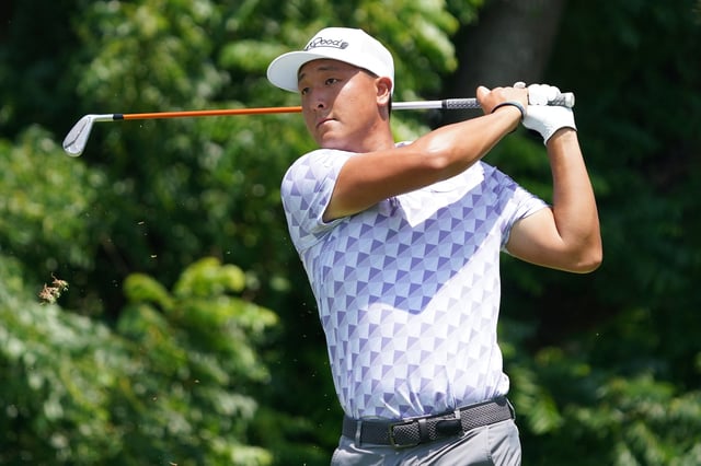 May 22, 2025; Fort Worth, Texas, USA; John Pak plays his shot from the sixth tee during the first round of the Charles Schwab Challenge golf tournament. Mandatory Credit: Raymond Carlin III-Imagn Images