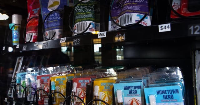 Products line the shelves of the newly restocked De Vega CBD Relief vending machine in Leander on Nov. 1, 2022.