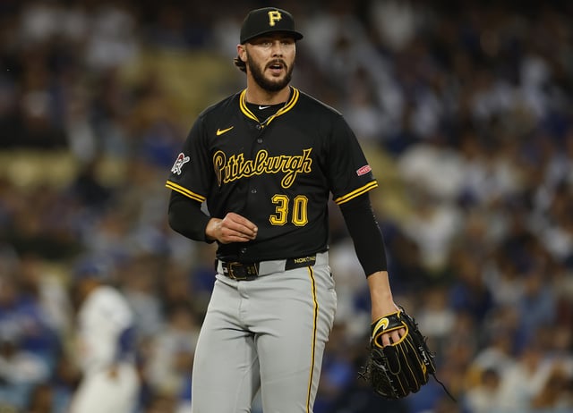LOS ANGELES, CALIFORNIA - APRIL 25: Paul Skenes #30 of the Pittsburgh Pirates after the third out in the first inning against the Los Angeles Dodgers at Dodger Stadium on April 25, 2025 in Los Angeles, California.