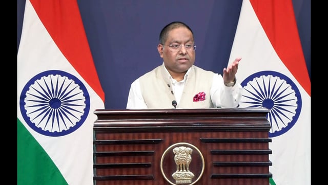 MEA spokesperson Randhir Jaiswal addresses a press conference in New Delhi on Tuesday. (ANI)