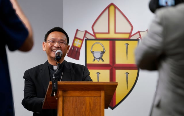 Auxiliary Bishop Michael Pham holds a press conference Thursday May 22, 205 in San Diego, California, after it was announced that he has been appointed by Pope Leo XIV as the new bishop of the San Diego Catholic Diocese. He’s the first Vietnamese American bishop in the United States.  Howard Lipin / For The San Diego Union-Tribune)